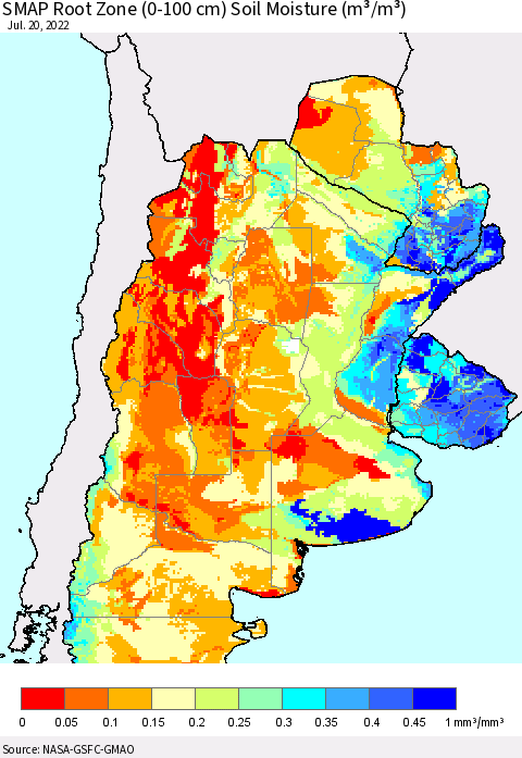 Southern South America SMAP Root Zone (0-100 cm) Soil Moisture (m³/m³) Thematic Map For 7/16/2022 - 7/20/2022