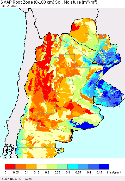 Southern South America SMAP Root Zone (0-100 cm) Soil Moisture (m³/m³) Thematic Map For 7/21/2022 - 7/25/2022