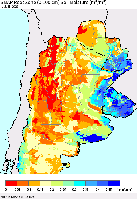Southern South America SMAP Root Zone (0-100 cm) Soil Moisture (m³/m³) Thematic Map For 7/26/2022 - 7/31/2022