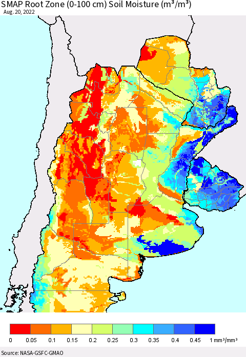 Southern South America SMAP Root Zone (0-100 cm) Soil Moisture (m³/m³) Thematic Map For 8/16/2022 - 8/20/2022