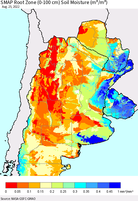 Southern South America SMAP Root Zone (0-100 cm) Soil Moisture (m³/m³) Thematic Map For 8/21/2022 - 8/25/2022