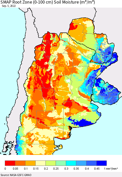 Southern South America SMAP Root Zone (0-100 cm) Soil Moisture (m³/m³) Thematic Map For 9/1/2022 - 9/5/2022