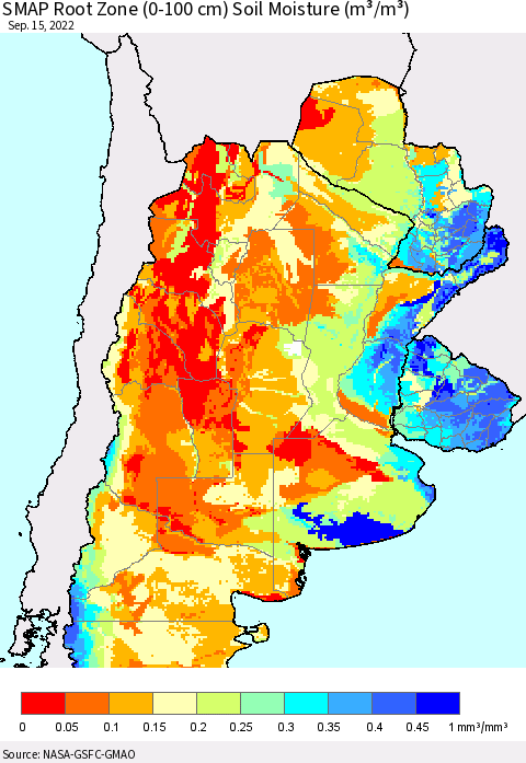 Southern South America SMAP Root Zone (0-100 cm) Soil Moisture (m³/m³) Thematic Map For 9/11/2022 - 9/15/2022