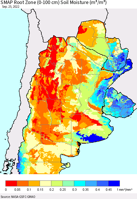 Southern South America SMAP Root Zone (0-100 cm) Soil Moisture (m³/m³) Thematic Map For 9/21/2022 - 9/25/2022