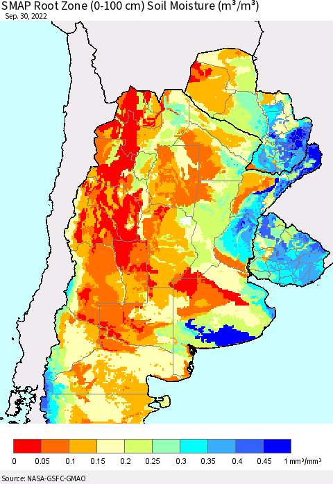 Southern South America SMAP Root Zone (0-100 cm) Soil Moisture (m³/m³) Thematic Map For 9/26/2022 - 9/30/2022