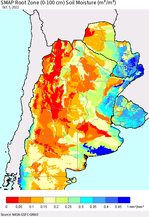 Southern South America SMAP Root Zone (0-100 cm) Soil Moisture (m³/m³) Thematic Map For 10/1/2022 - 10/5/2022