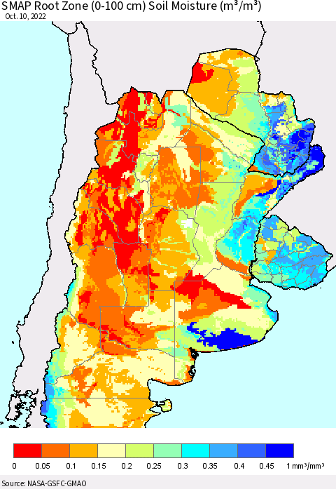 Southern South America SMAP Root Zone (0-100 cm) Soil Moisture (m³/m³) Thematic Map For 10/6/2022 - 10/10/2022