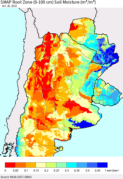 Southern South America SMAP Root Zone (0-100 cm) Soil Moisture (m³/m³) Thematic Map For 10/16/2022 - 10/20/2022
