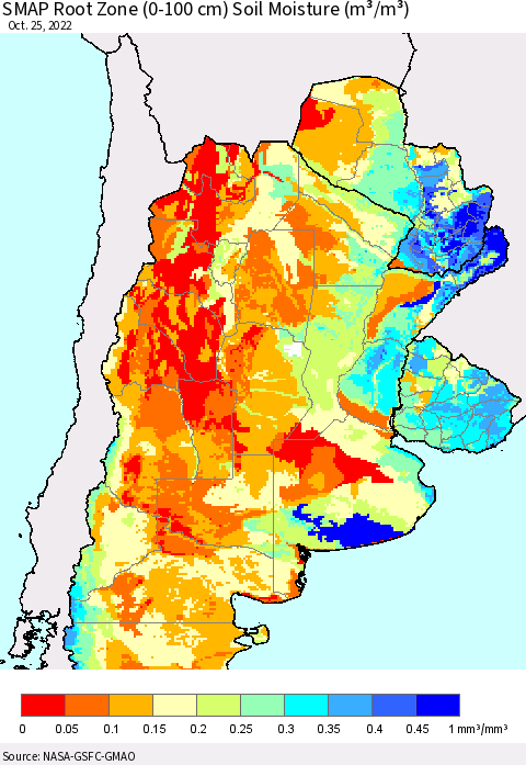 Southern South America SMAP Root Zone (0-100 cm) Soil Moisture (m³/m³) Thematic Map For 10/21/2022 - 10/25/2022