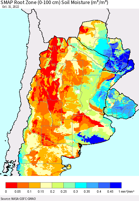 Southern South America SMAP Root Zone (0-100 cm) Soil Moisture (m³/m³) Thematic Map For 10/26/2022 - 10/31/2022