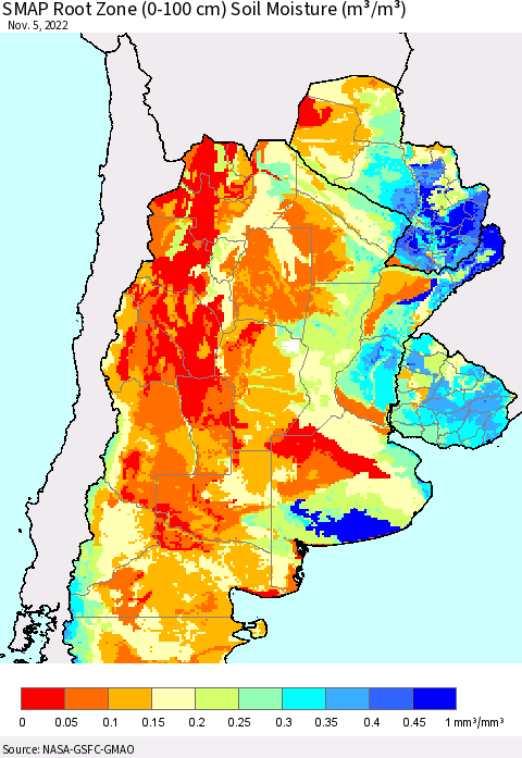 Southern South America SMAP Root Zone (0-100 cm) Soil Moisture (m³/m³) Thematic Map For 11/1/2022 - 11/5/2022