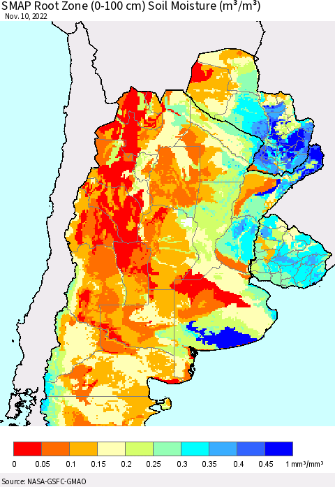 Southern South America SMAP Root Zone (0-100 cm) Soil Moisture (m³/m³) Thematic Map For 11/6/2022 - 11/10/2022