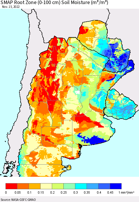 Southern South America SMAP Root Zone (0-100 cm) Soil Moisture (m³/m³) Thematic Map For 11/11/2022 - 11/15/2022