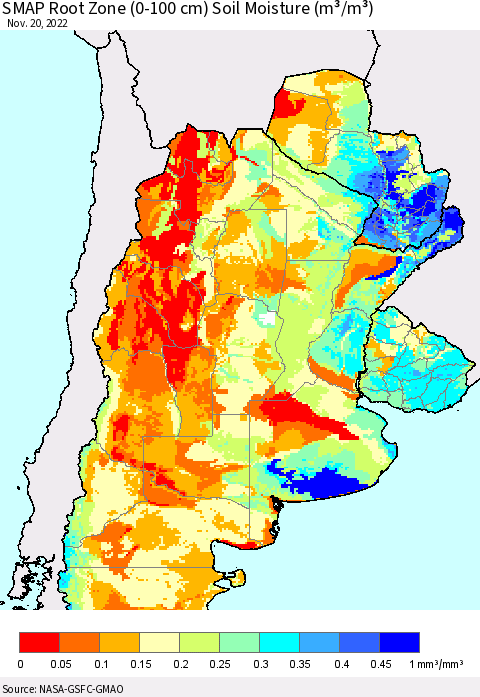 Southern South America SMAP Root Zone (0-100 cm) Soil Moisture (m³/m³) Thematic Map For 11/16/2022 - 11/20/2022