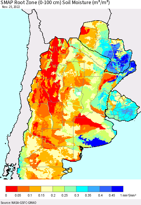 Southern South America SMAP Root Zone (0-100 cm) Soil Moisture (m³/m³) Thematic Map For 11/21/2022 - 11/25/2022