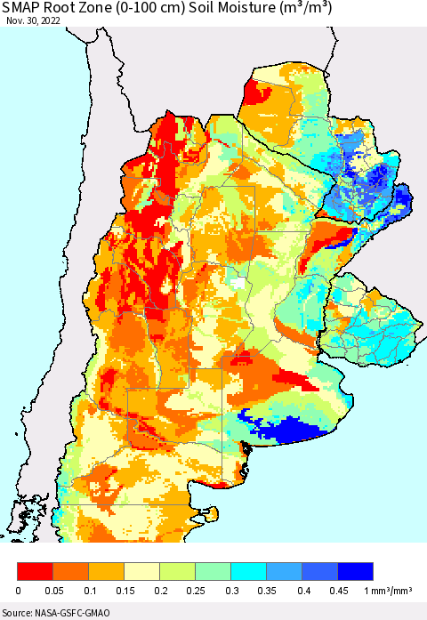Southern South America SMAP Root Zone (0-100 cm) Soil Moisture (m³/m³) Thematic Map For 11/26/2022 - 11/30/2022