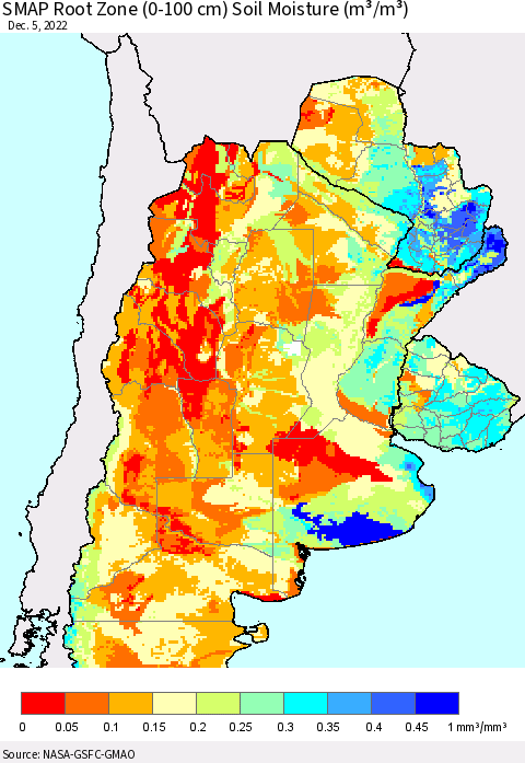 Southern South America SMAP Root Zone (0-100 cm) Soil Moisture (m³/m³) Thematic Map For 12/1/2022 - 12/5/2022