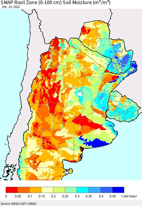 Southern South America SMAP Root Zone (0-100 cm) Soil Moisture (m³/m³) Thematic Map For 12/6/2022 - 12/10/2022
