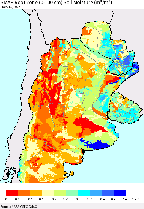 Southern South America SMAP Root Zone (0-100 cm) Soil Moisture (m³/m³) Thematic Map For 12/11/2022 - 12/15/2022