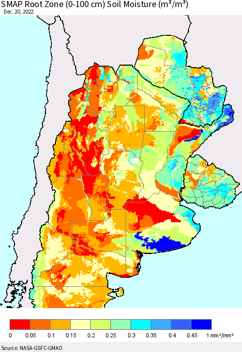 Southern South America SMAP Root Zone (0-100 cm) Soil Moisture (m³/m³) Thematic Map For 12/16/2022 - 12/20/2022