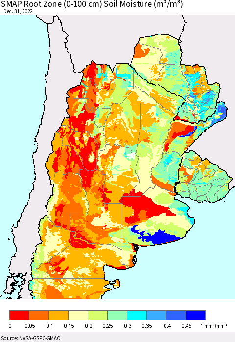 Southern South America SMAP Root Zone (0-100 cm) Soil Moisture (m³/m³) Thematic Map For 12/26/2022 - 12/31/2022