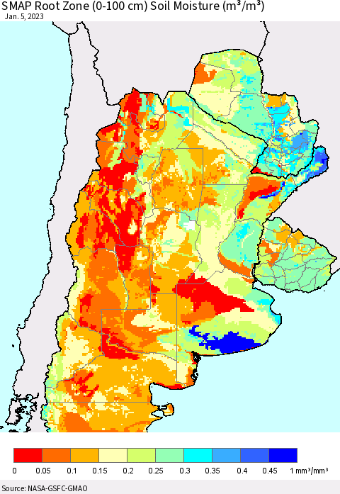 Southern South America SMAP Root Zone (0-100 cm) Soil Moisture (m³/m³) Thematic Map For 1/1/2023 - 1/5/2023