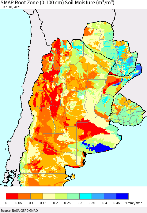 Southern South America SMAP Root Zone (0-100 cm) Soil Moisture (m³/m³) Thematic Map For 1/6/2023 - 1/10/2023