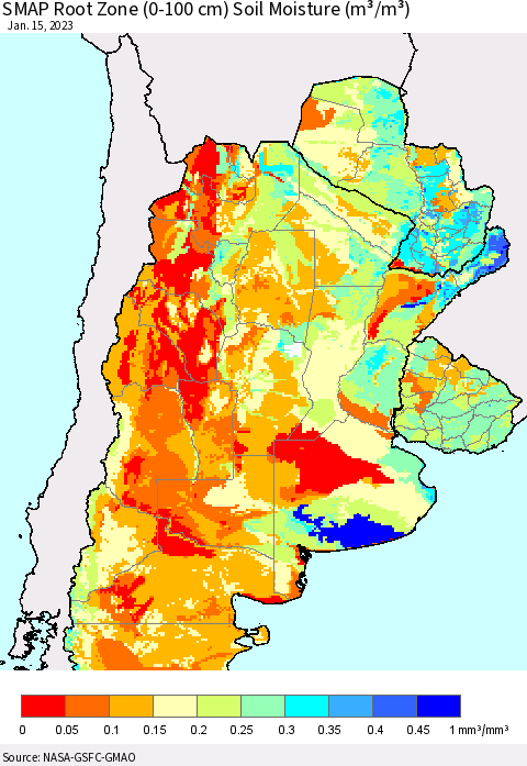 Southern South America SMAP Root Zone (0-100 cm) Soil Moisture (m³/m³) Thematic Map For 1/11/2023 - 1/15/2023