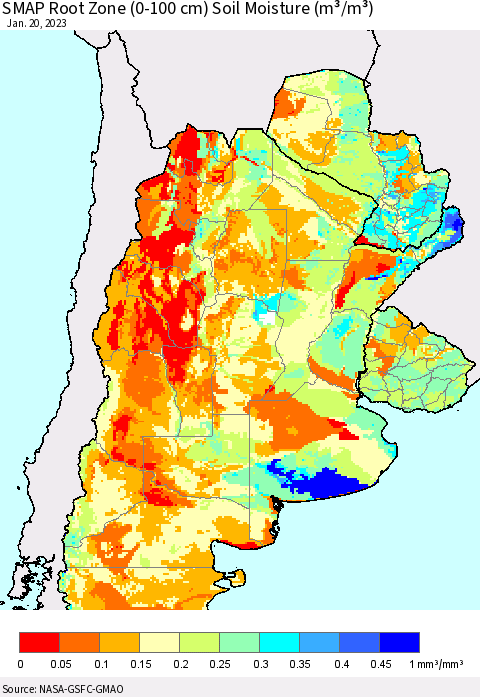 Southern South America SMAP Root Zone (0-100 cm) Soil Moisture (m³/m³) Thematic Map For 1/16/2023 - 1/20/2023