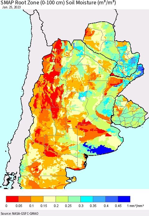 Southern South America SMAP Root Zone (0-100 cm) Soil Moisture (m³/m³) Thematic Map For 1/21/2023 - 1/25/2023