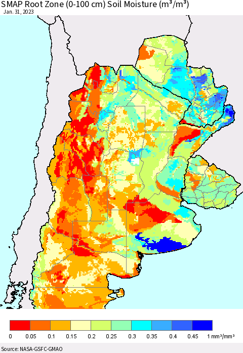 Southern South America SMAP Root Zone (0-100 cm) Soil Moisture (m³/m³) Thematic Map For 1/26/2023 - 1/31/2023