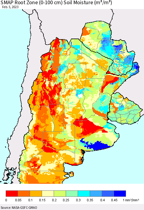 Southern South America SMAP Root Zone (0-100 cm) Soil Moisture (m³/m³) Thematic Map For 2/1/2023 - 2/5/2023