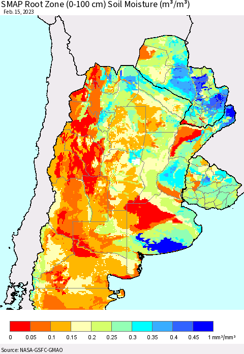 Southern South America SMAP Root Zone (0-100 cm) Soil Moisture (m³/m³) Thematic Map For 2/11/2023 - 2/15/2023