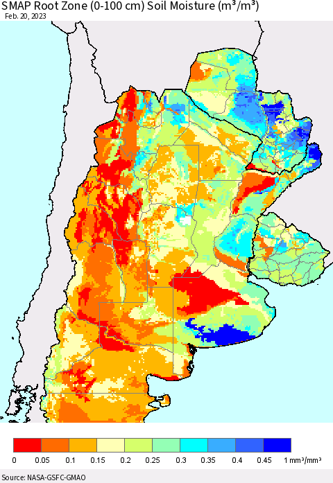 Southern South America SMAP Root Zone (0-100 cm) Soil Moisture (m³/m³) Thematic Map For 2/16/2023 - 2/20/2023