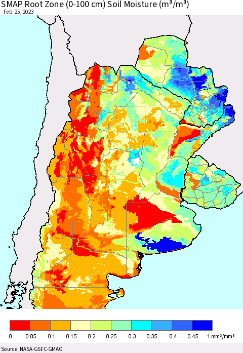 Southern South America SMAP Root Zone (0-100 cm) Soil Moisture (m³/m³) Thematic Map For 2/21/2023 - 2/25/2023