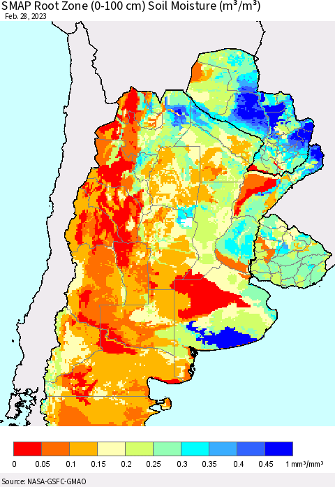 Southern South America SMAP Root Zone (0-100 cm) Soil Moisture (m³/m³) Thematic Map For 2/26/2023 - 2/28/2023