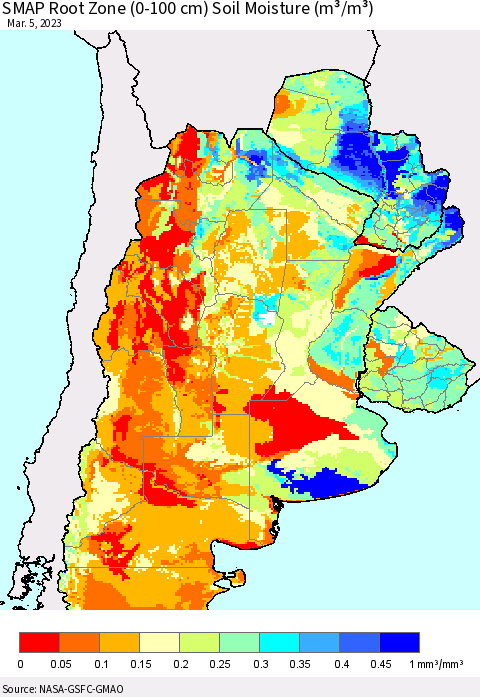 Southern South America SMAP Root Zone (0-100 cm) Soil Moisture (m³/m³) Thematic Map For 3/1/2023 - 3/5/2023