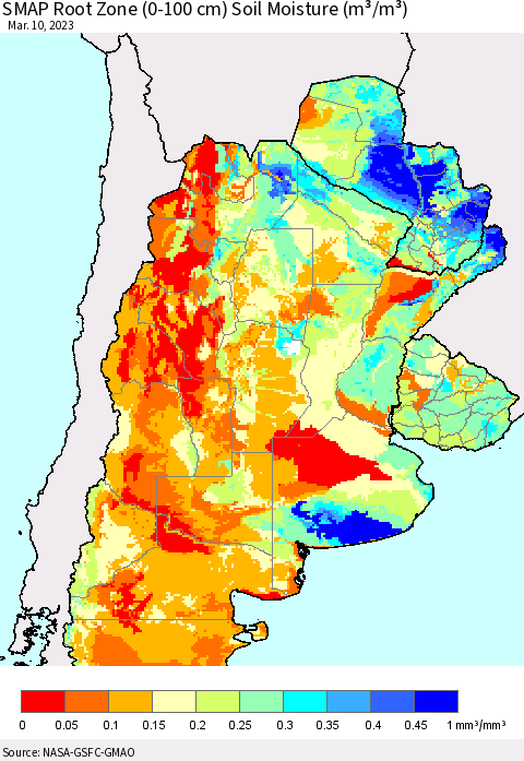 Southern South America SMAP Root Zone (0-100 cm) Soil Moisture (m³/m³) Thematic Map For 3/6/2023 - 3/10/2023