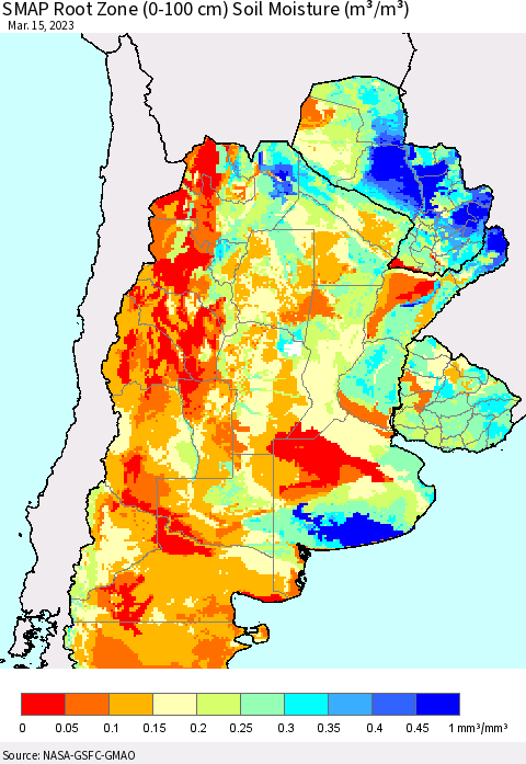 Southern South America SMAP Root Zone (0-100 cm) Soil Moisture (m³/m³) Thematic Map For 3/11/2023 - 3/15/2023