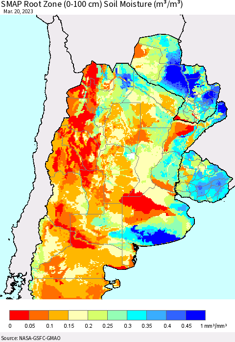 Southern South America SMAP Root Zone (0-100 cm) Soil Moisture (m³/m³) Thematic Map For 3/16/2023 - 3/20/2023