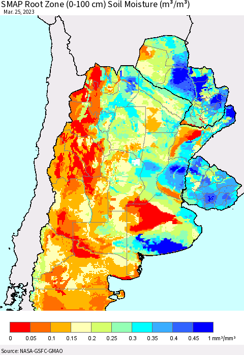 Southern South America SMAP Root Zone (0-100 cm) Soil Moisture (m³/m³) Thematic Map For 3/21/2023 - 3/25/2023