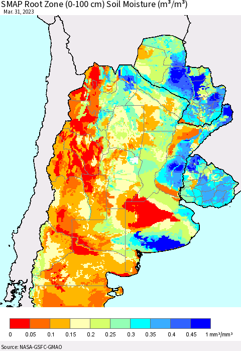 Southern South America SMAP Root Zone (0-100 cm) Soil Moisture (m³/m³) Thematic Map For 3/26/2023 - 3/31/2023