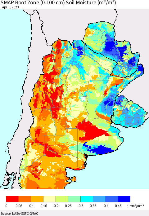 Southern South America SMAP Root Zone (0-100 cm) Soil Moisture (m³/m³) Thematic Map For 4/1/2023 - 4/5/2023