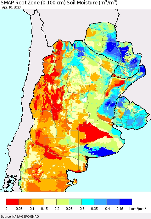 Southern South America SMAP Root Zone (0-100 cm) Soil Moisture (m³/m³) Thematic Map For 4/6/2023 - 4/10/2023