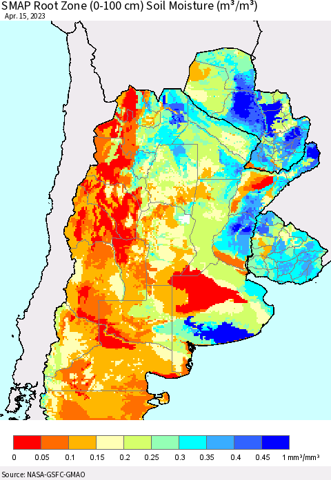 Southern South America SMAP Root Zone (0-100 cm) Soil Moisture (m³/m³) Thematic Map For 4/11/2023 - 4/15/2023