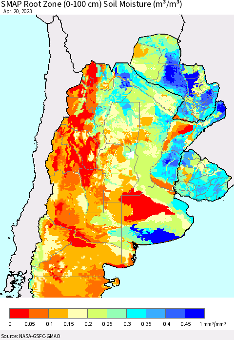 Southern South America SMAP Root Zone (0-100 cm) Soil Moisture (m³/m³) Thematic Map For 4/16/2023 - 4/20/2023