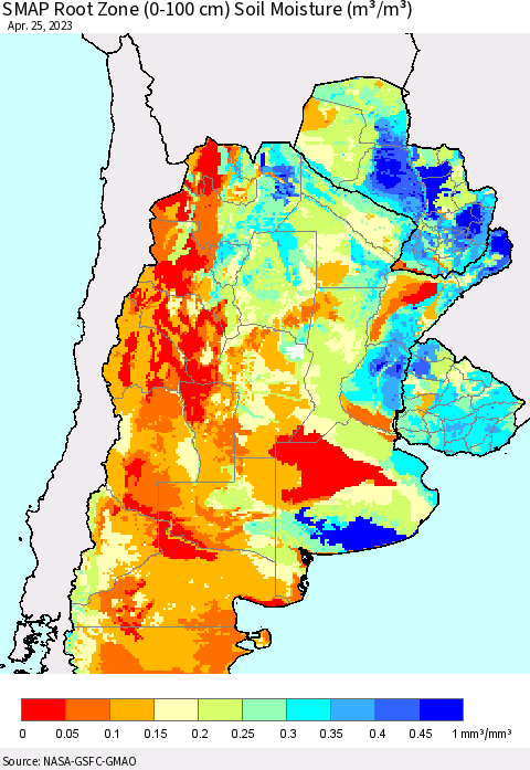 Southern South America SMAP Root Zone (0-100 cm) Soil Moisture (m³/m³) Thematic Map For 4/21/2023 - 4/25/2023