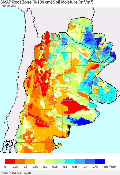 Southern South America SMAP Root Zone (0-100 cm) Soil Moisture (m³/m³) Thematic Map For 4/26/2023 - 4/30/2023