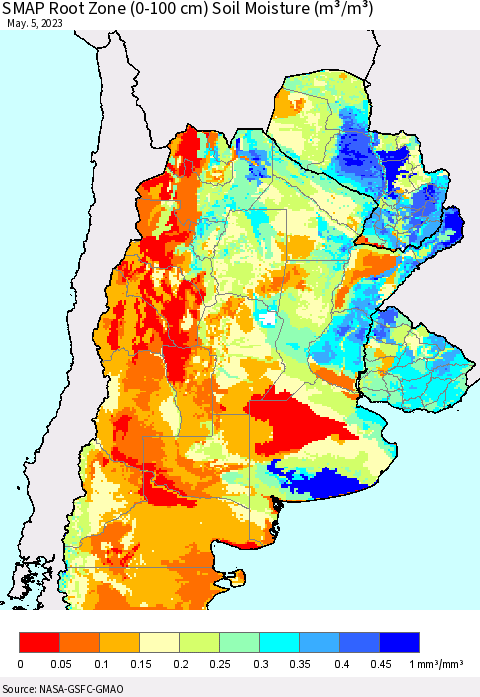 Southern South America SMAP Root Zone (0-100 cm) Soil Moisture (m³/m³) Thematic Map For 5/1/2023 - 5/5/2023