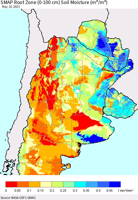 Southern South America SMAP Root Zone (0-100 cm) Soil Moisture (m³/m³) Thematic Map For 5/6/2023 - 5/10/2023